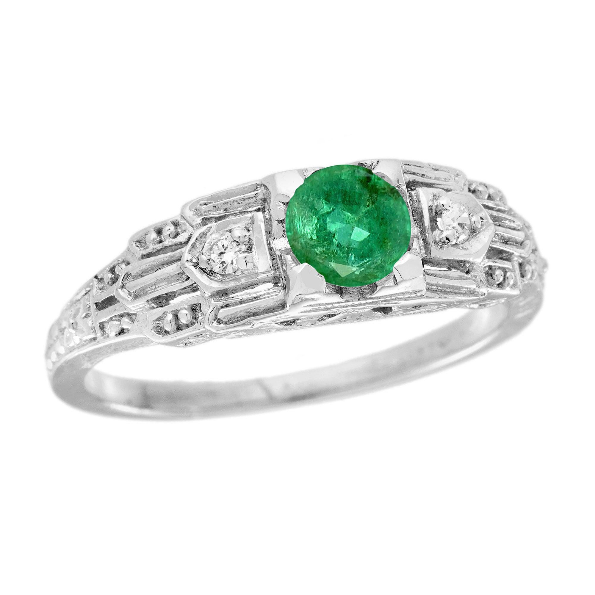 14K Gold Natural Emerald and Diamond Art Deco Style Engagement Ring