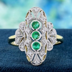 Anello a tre pietre con smeraldo naturale e diamante in stile Art Deco in oro 14K