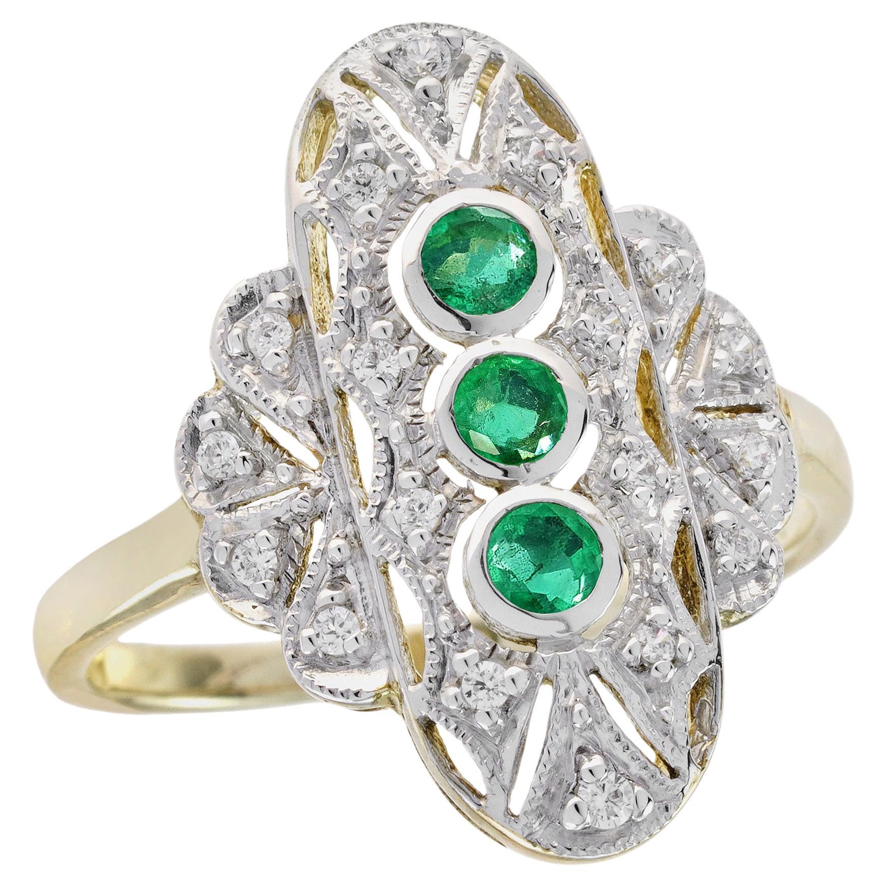 14K Gold Natural Emerald and Diamond Art Deco Style Three Stone Ring