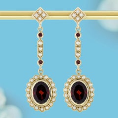 14K Gold Natural Garnet and Pearl Vintage Style Drop Earrings