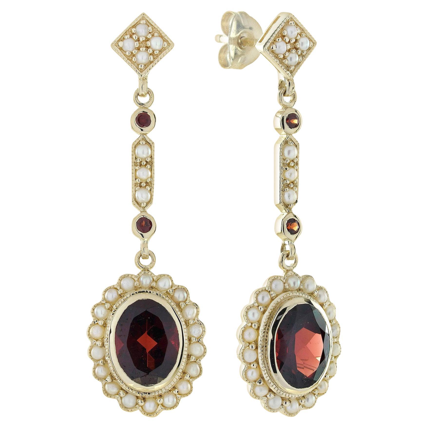 14K Gold Natural Garnet and Pearl Vintage Style Drop Earrings