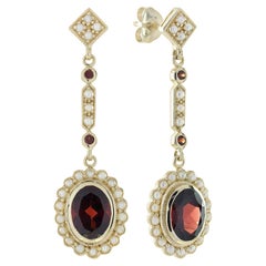 14K Gold Natural Garnet and Pearl Vintage Style Drop Earrings