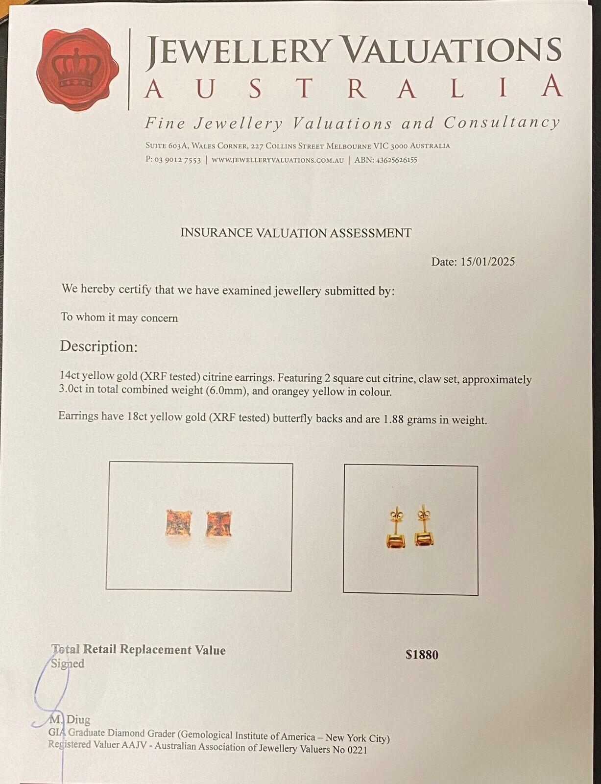 Princess Cut 14K Gold & Natural Madeira Type 3.00ct Citrine Stud Earrings. Valued at $1880. For Sale