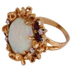 14K Gold, Natural Opal, Garnet And Diamond Ring