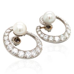 14K Gold Natural Pearl Diamond Earrings, GIA