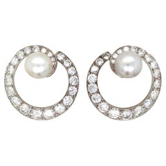 14K Gold Natural Pearl Diamond Earrings, GIA