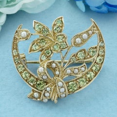 14k Gold Natural Peridot and Pearl Floral Vintage Style Brooch