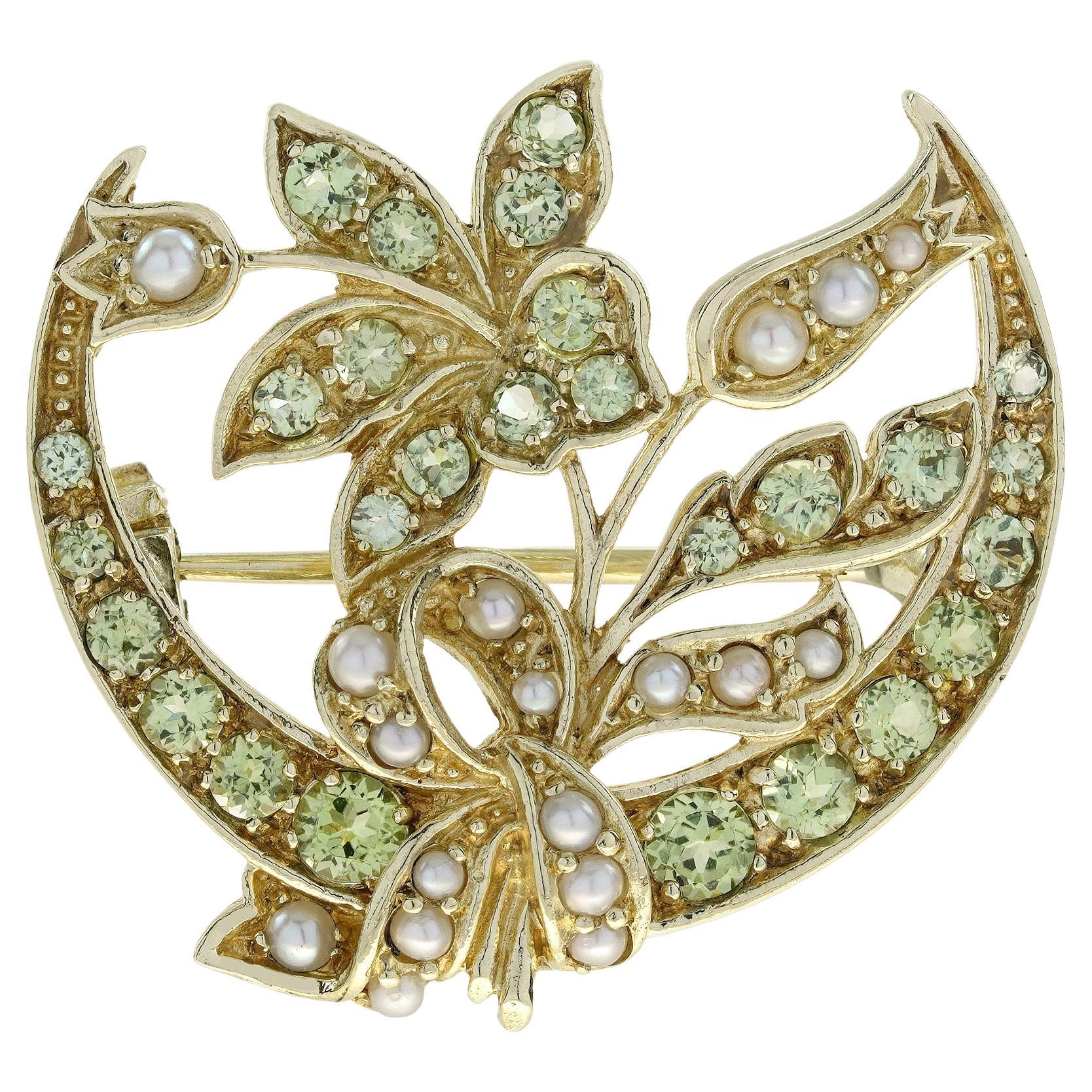 Spilla in oro 14k in stile floreale vintage con peridoto naturale e perla
