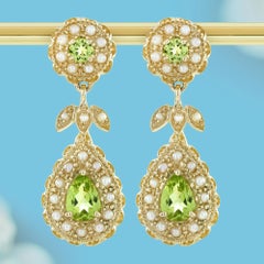 14K Gold Natural Peridot and Pearl Vintage Victorian Style Drop Earrings