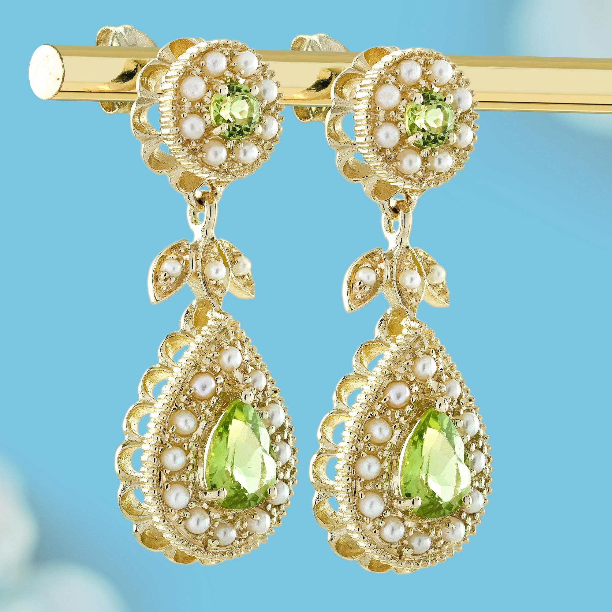 Edwardian 14K Gold Natural Peridot and Pearl Vintage Victorian Style Drop Earrings For Sale