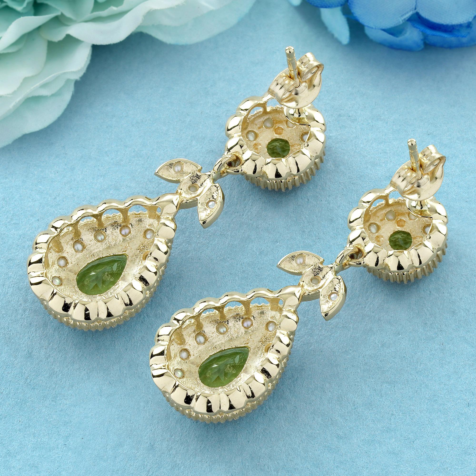 Round Cut 14K Gold Natural Peridot and Pearl Vintage Victorian Style Drop Earrings For Sale