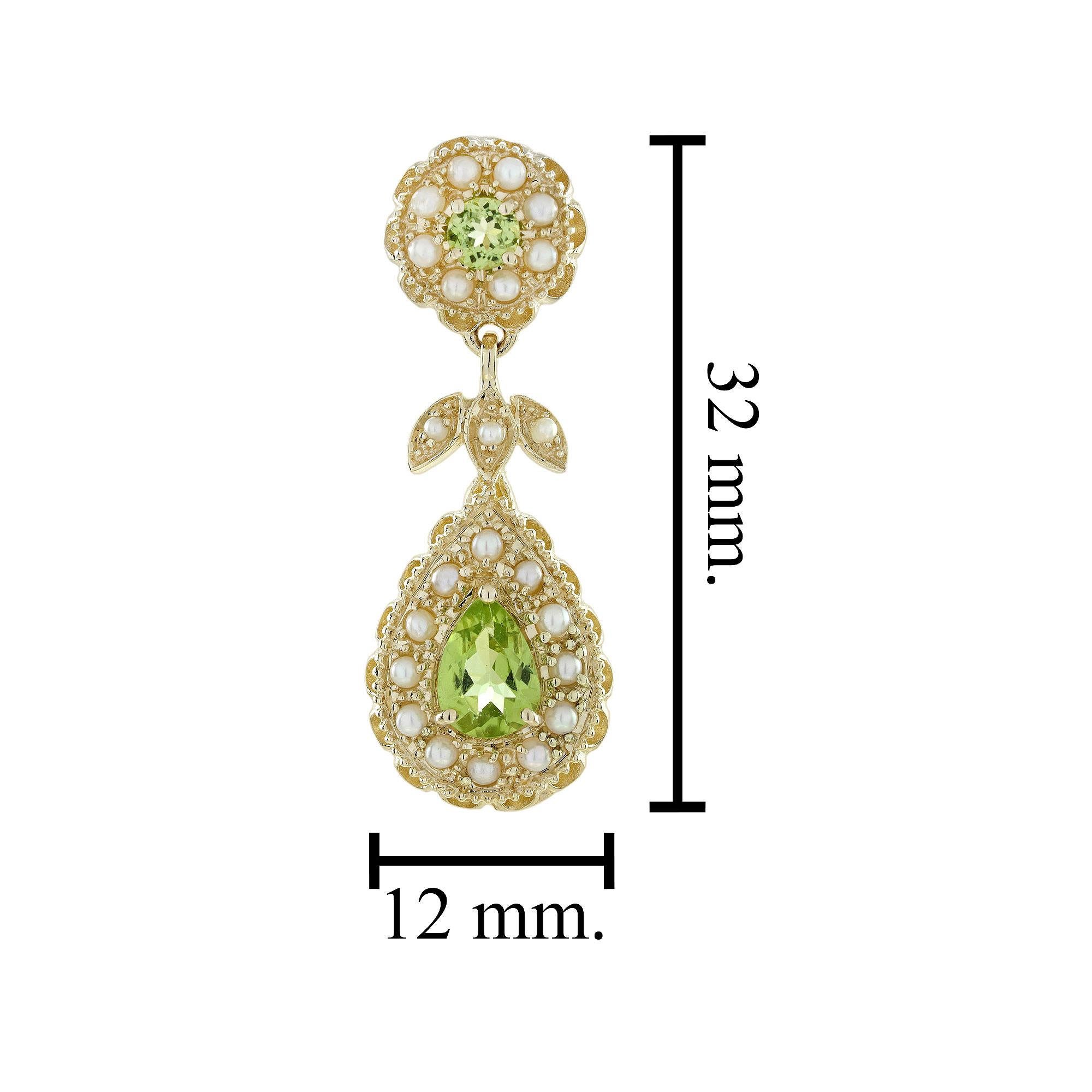 14K Gold Natural Peridot and Pearl Vintage Victorian Style Drop Earrings In New Condition For Sale In Bangkok, TH