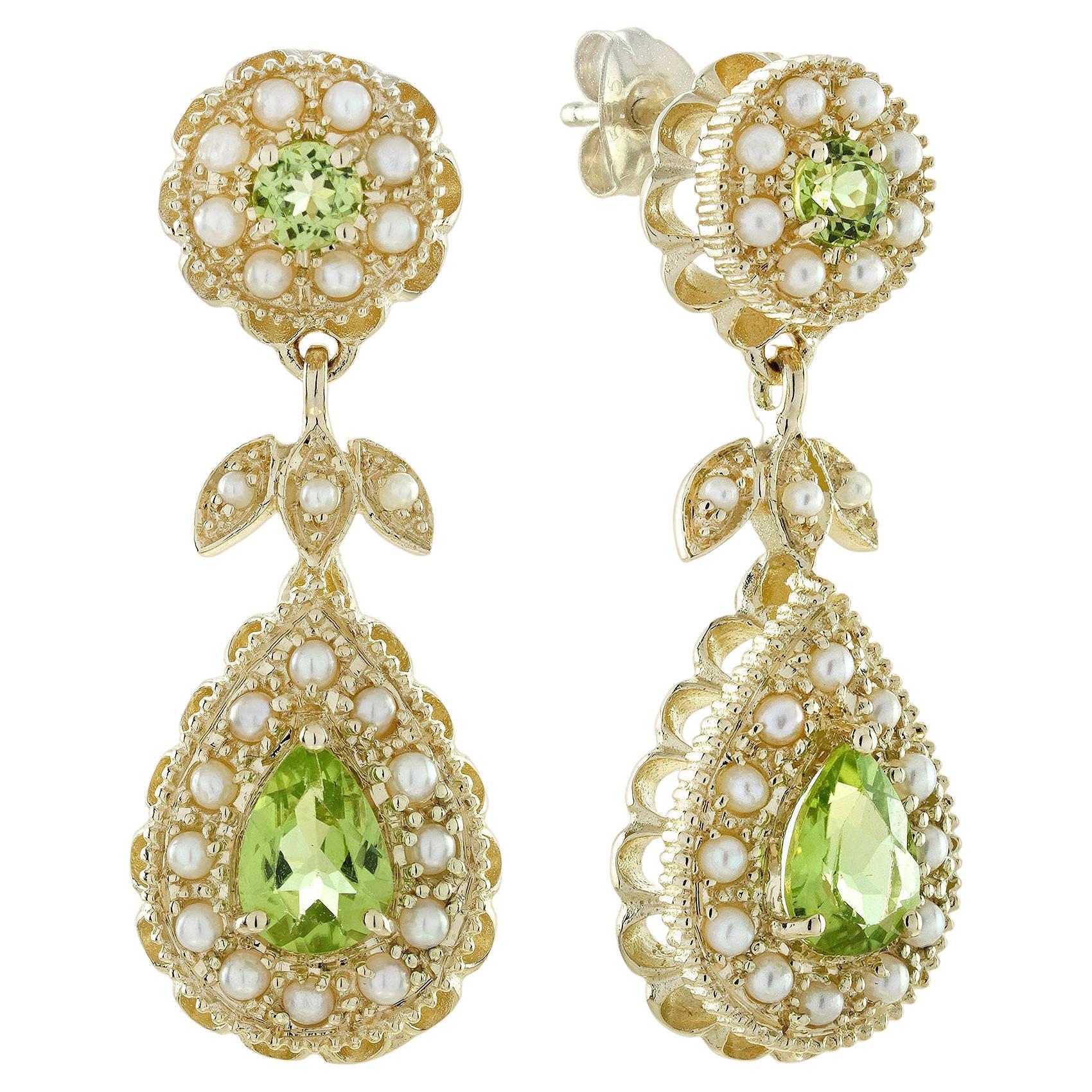 14K Gold Natural Peridot and Pearl Vintage Victorian Style Drop Earrings