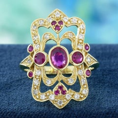 14K Gold Natural Ruby and Diamond Ring Victorian Style Cocktail Ring