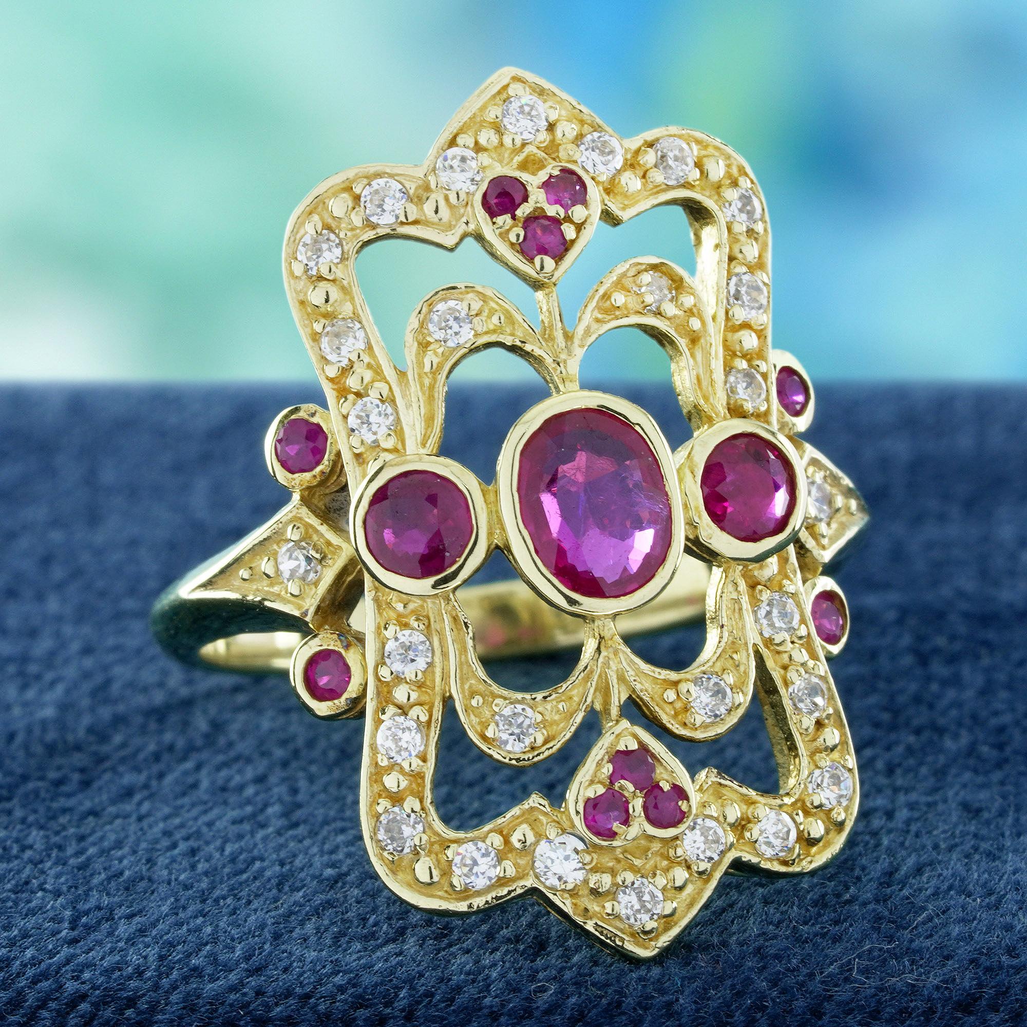 Vittoriano Anello in oro 14K con rubino naturale e diamanti Anello da cocktail in stile vittoriano in vendita