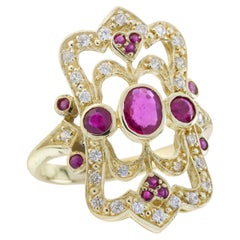 Anello in oro 14K con rubino naturale e diamanti Anello da cocktail in stile vittoriano