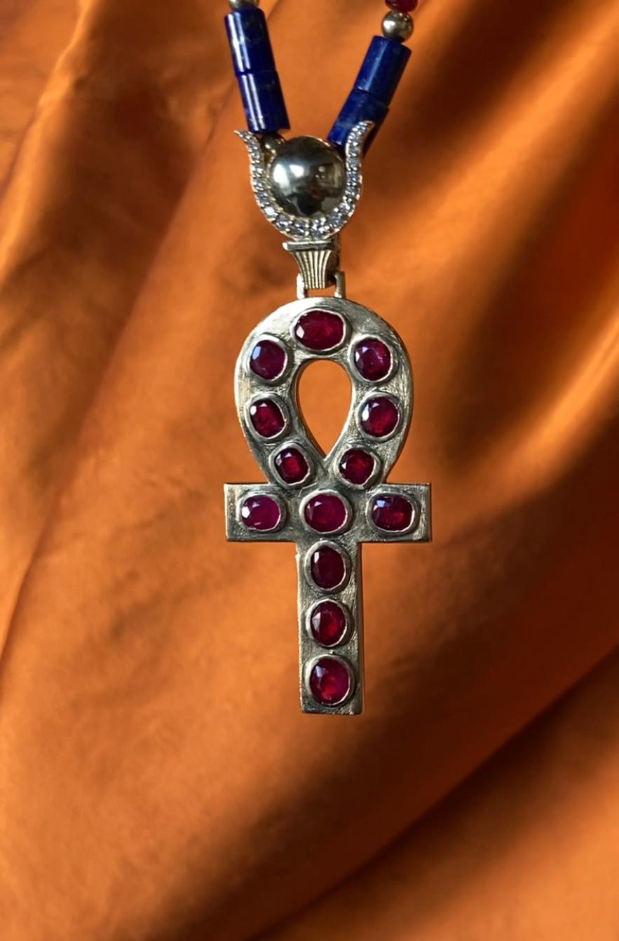 Egyptian Revival Gold Ankh Pendant with Natural Rubies and Diamonds