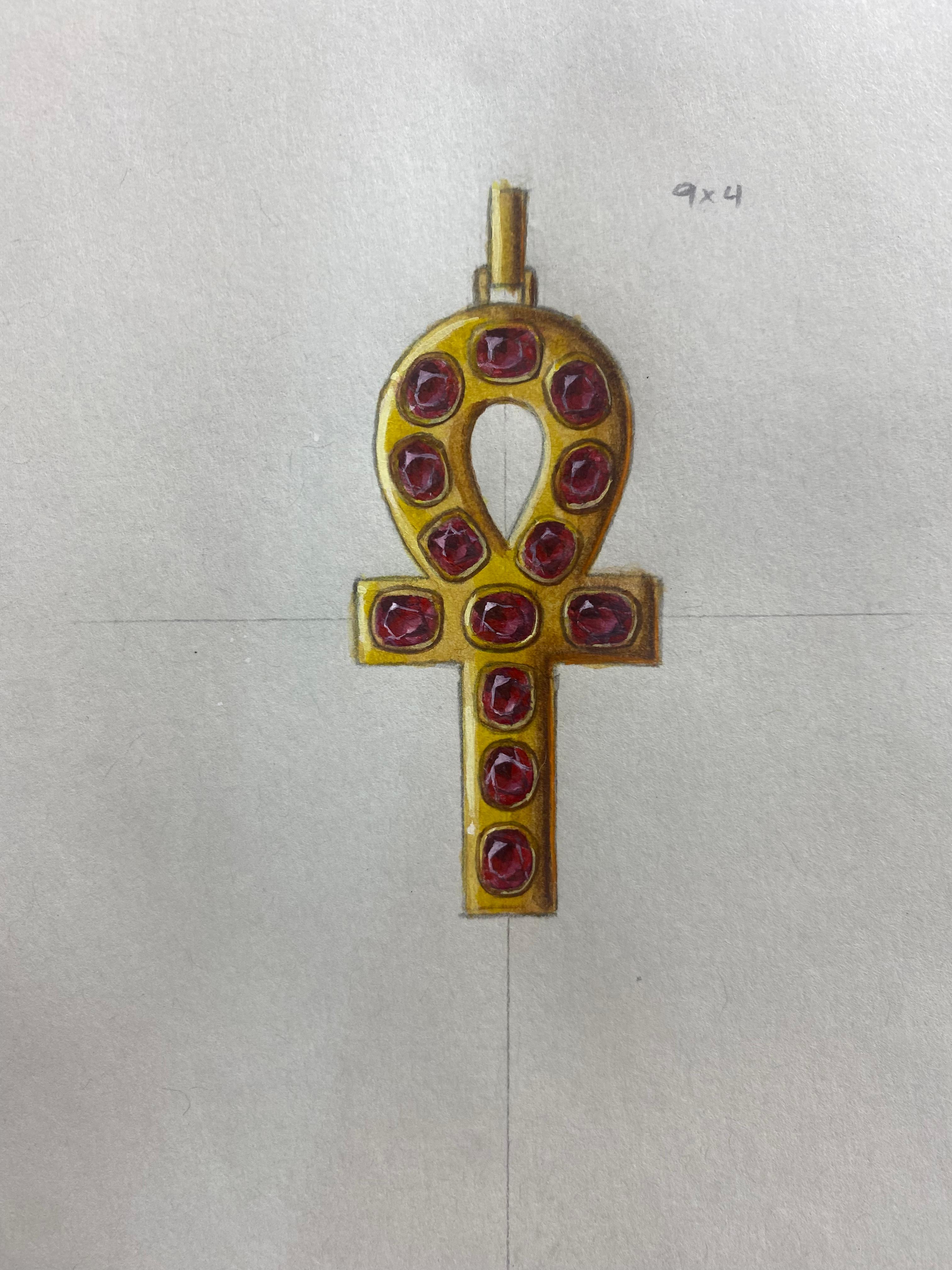 Cushion Cut Gold Ankh Pendant with Natural Rubies and Diamonds