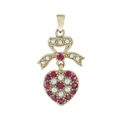 14K Gold Natural Ruby Pearl Vintage Style Heart Pendant and Earrings Jewelry