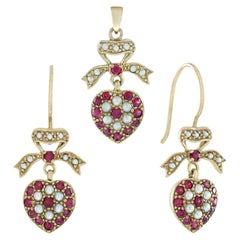 14K Gold Natural Ruby Pearl Vintage Style Heart Pendant and Earrings Jewelry