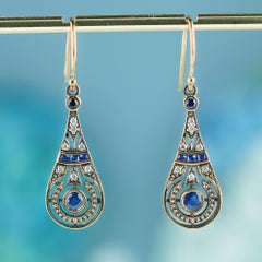 14K Gold Natural Sapphire and Diamond Vintage Style Pear Shape Drop Earrings
