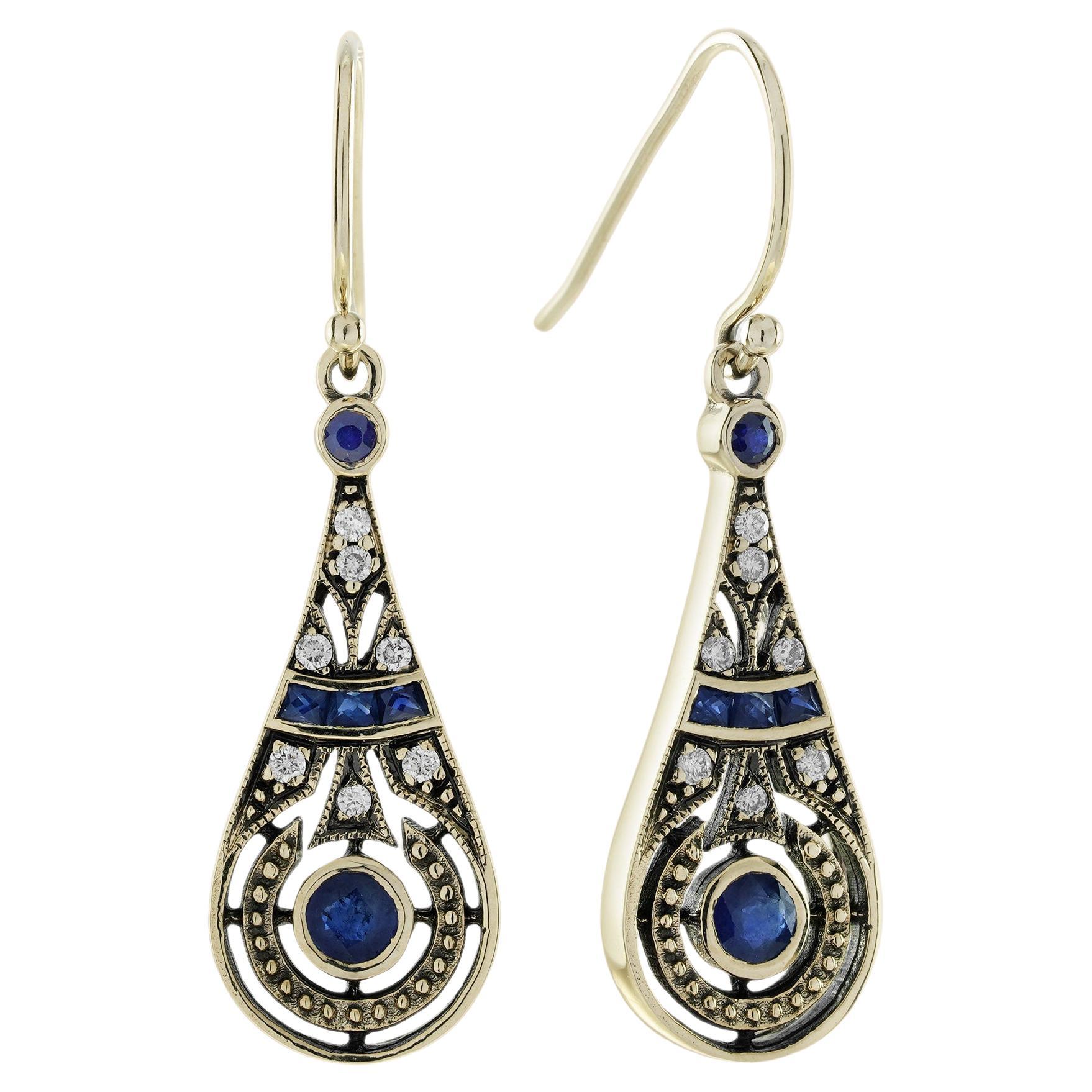 14K Gold Natürlicher Saphir und Diamant Vintage Style Tropfenohrringe in Birnenform