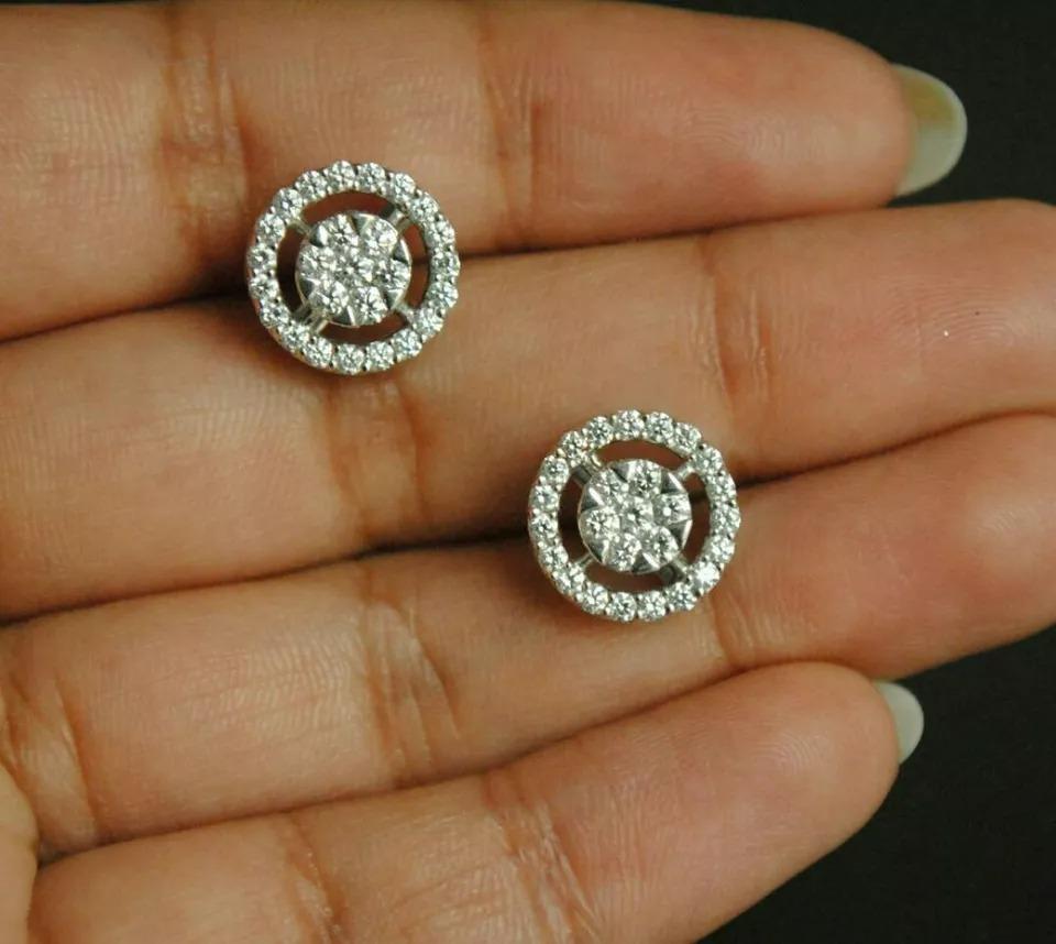 Round Cut 14k Gold Natural Solitaire Diamond Halo Earring Studs For Sale