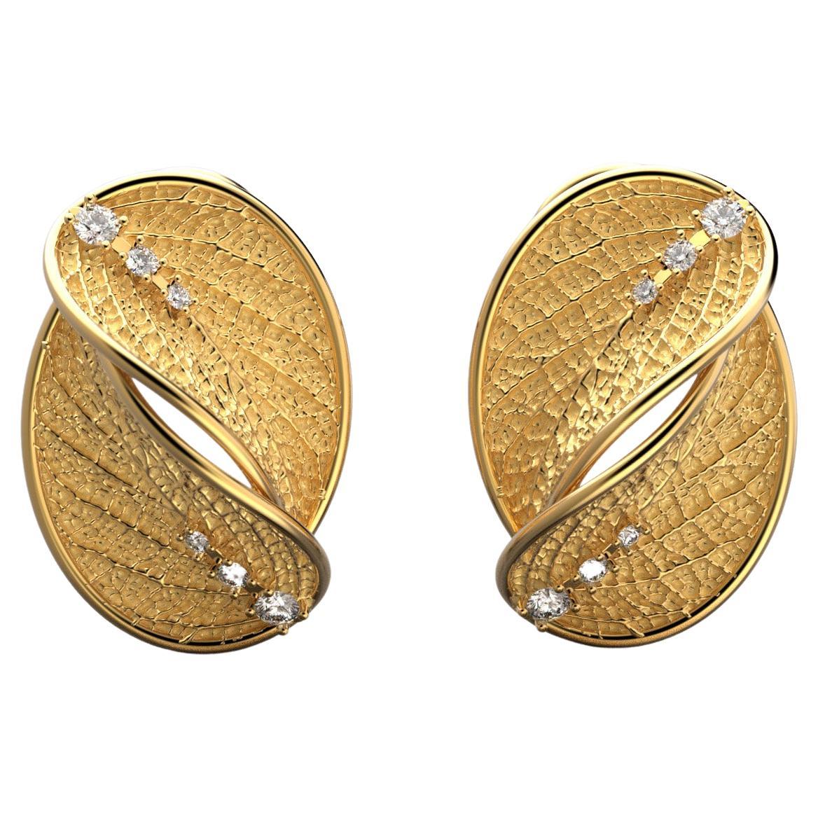 14k Gold Nature Inspired Diamond Stud Earrings with Leaf Design, Italian Jewelry For Sale