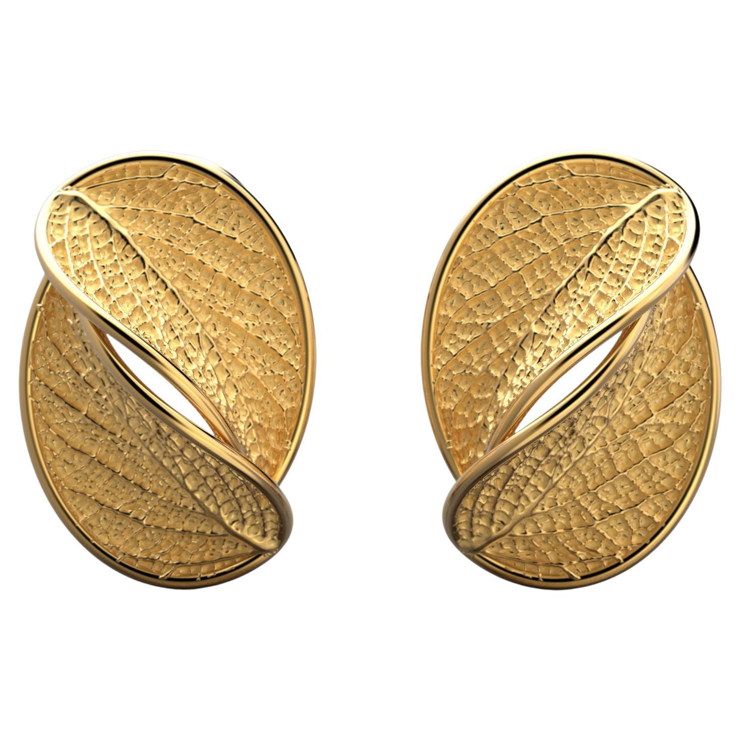 14k Gold Nature Inspired Stud Earrings with Leaf Design, Italian Fine Jewelry For Sale