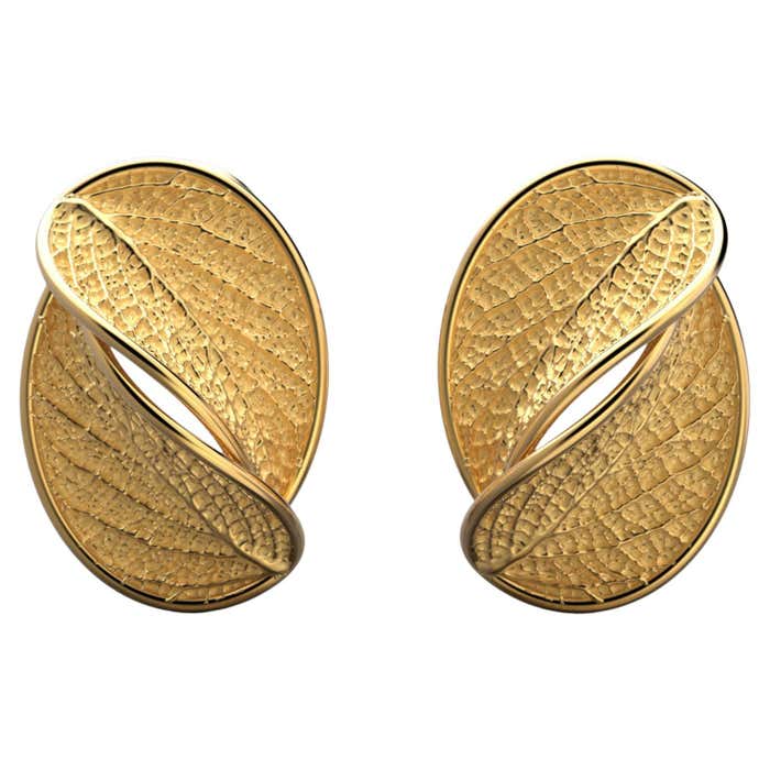 Studded Design 14k Gold Nature Inspired Stud Earrings with Leaf Design, Italian Fine ...