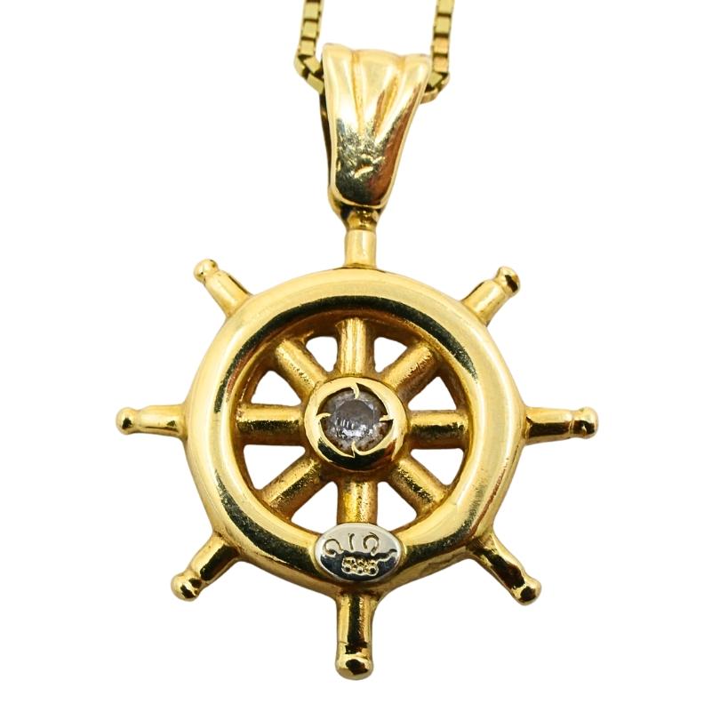 Collier avec pendentif roue nautique en or 14K  Accent diamant en vente 1