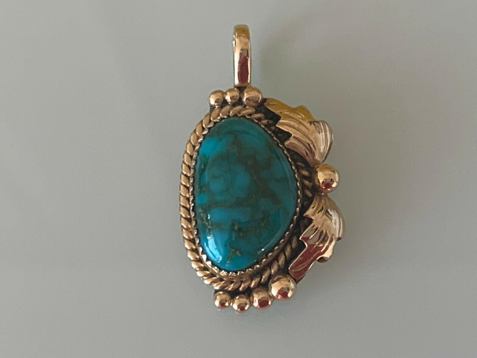 Cabochon 14k Gold Navajo Turquoise Set Pendant by Ray Bennet