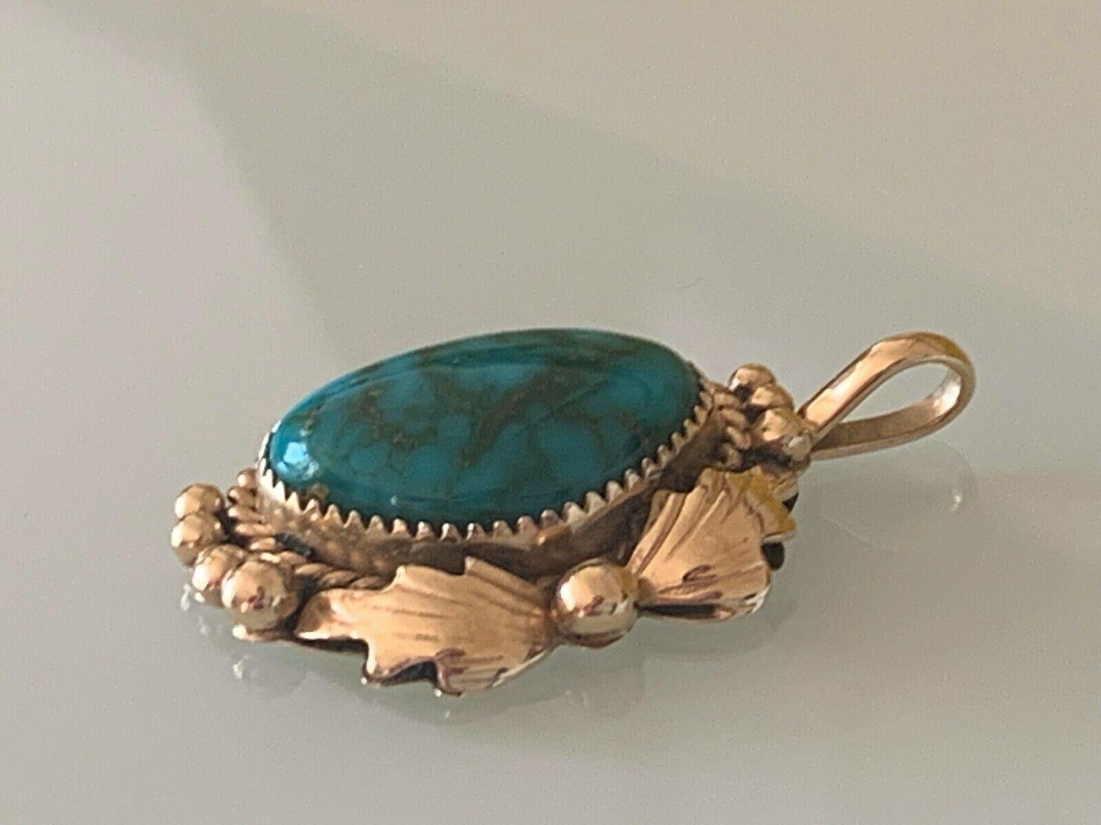 14k Gold Navajo Turquoise Set Pendant by Ray Bennet 1