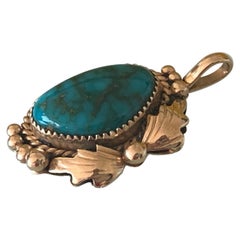 14k Gold Navajo Turquoise Set Pendant by Ray Bennet