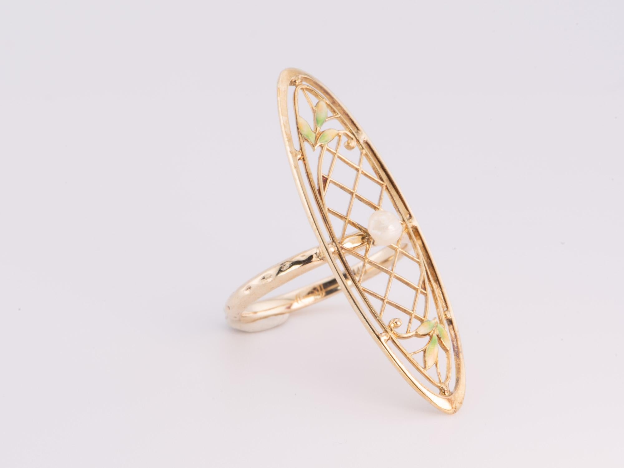 Grezzo Anello Navette in oro 14 carati con perla naturale e smalto R6647 in vendita