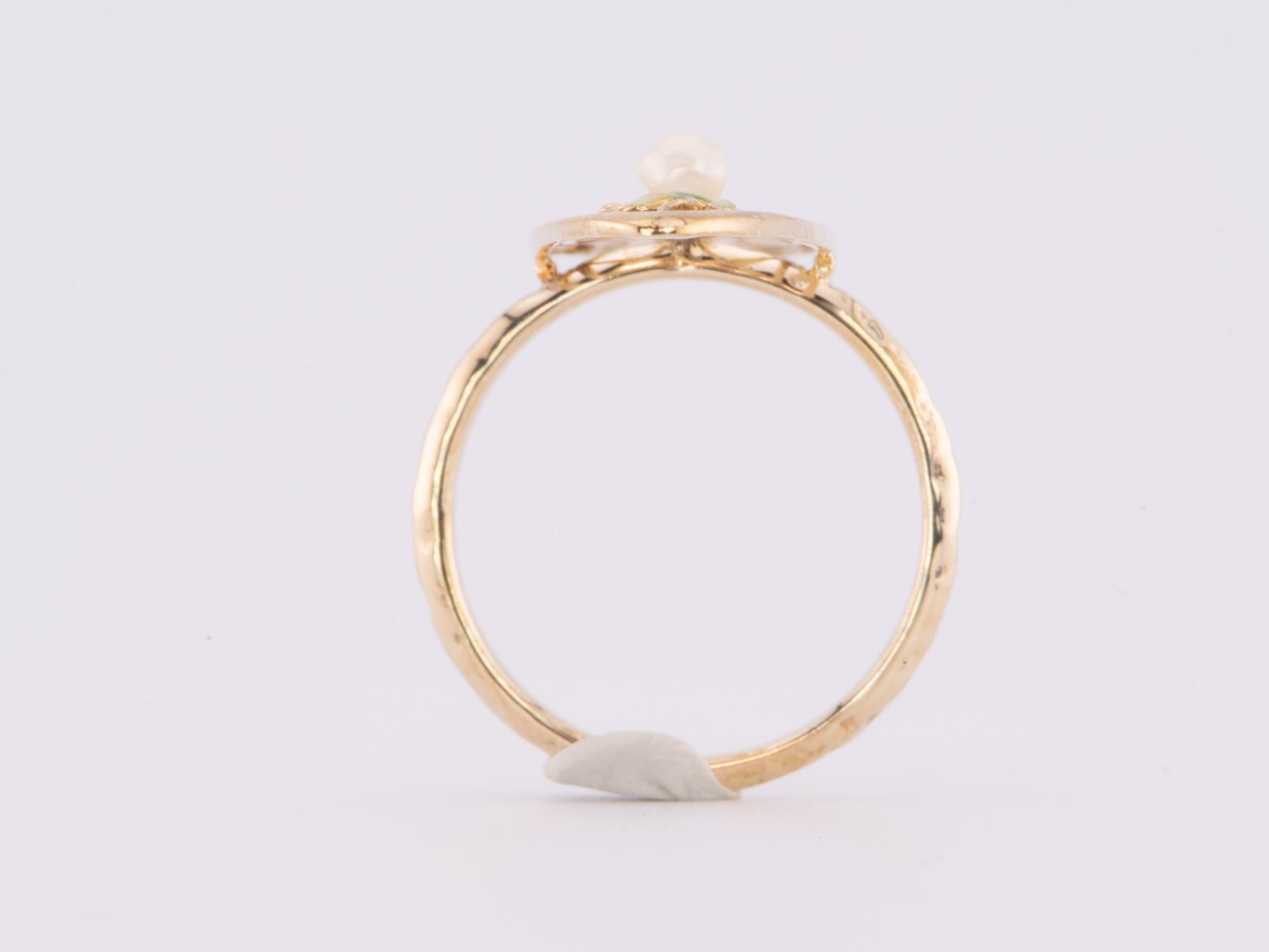 14K Gold Navette Ring Vintage Pin Conversion with Natural Pearl and Enamel R6647 In New Condition For Sale In Osprey, FL