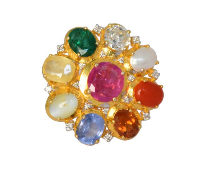 Navaratri Rings 14K gold Navratan ring with all nine natural gemstones For Sale at 1stDibs