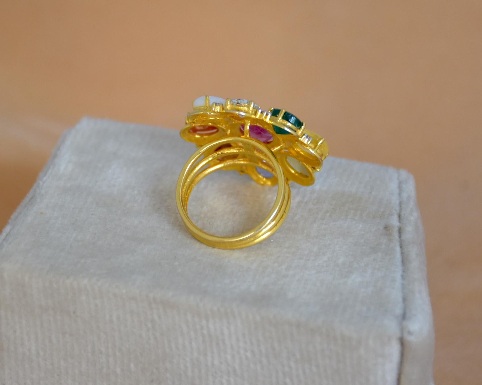 Antique Cushion Cut 14K gold Navratan ring with all nine natural gemstones For Sale