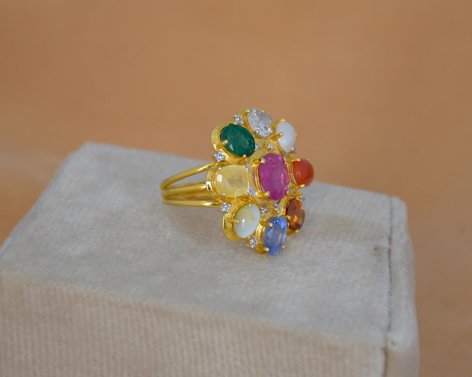 Women's 14K gold Navratan ring with all nine natural gemstones For Sale