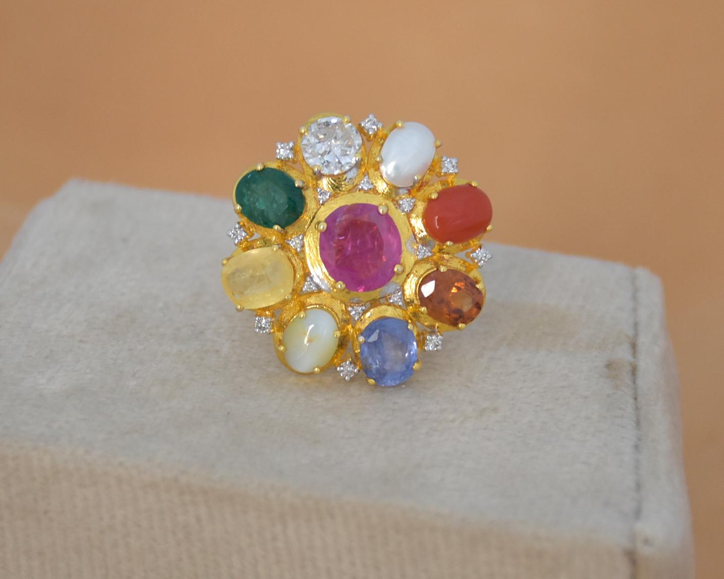 14K gold Navratan ring with all nine natural gemstones For Sale 1