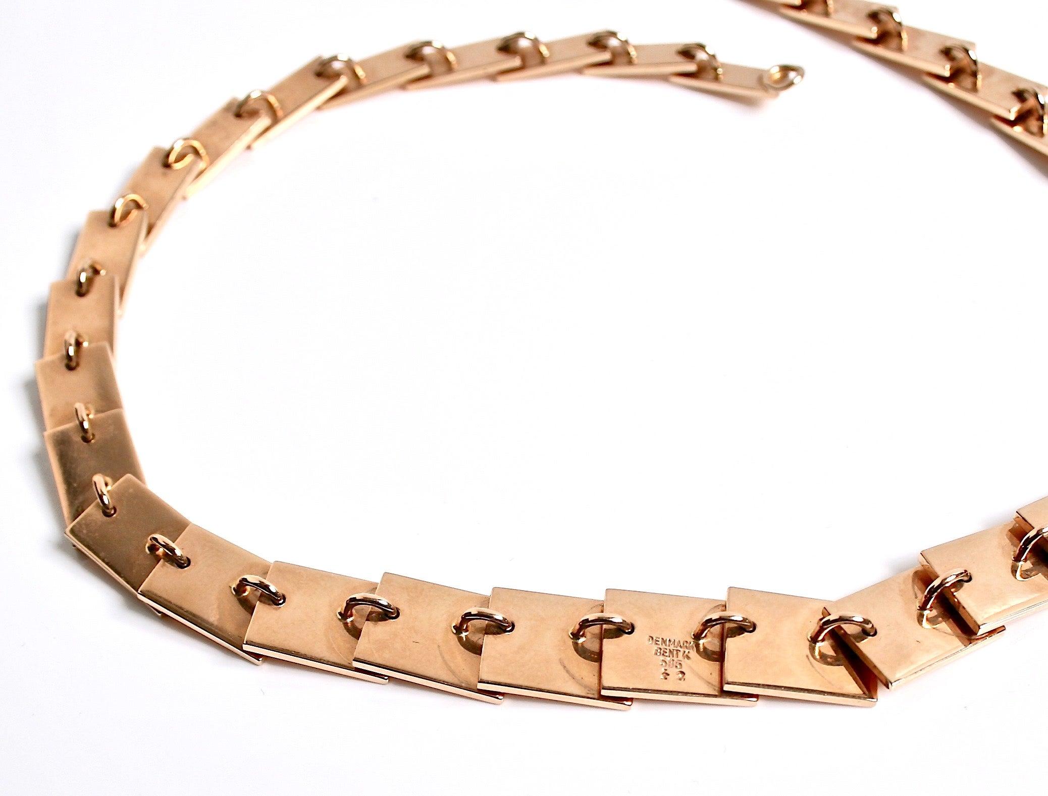 Exceptional Rare 14k solid Gold heavy square link graduated necklace designed by Bent Knudsen Denmark c.1960. Design number 42 with hook & screw catch. Matching bracelet available

Bent Knudsen (b.1924) and his wife Anni started a sliversmithy in