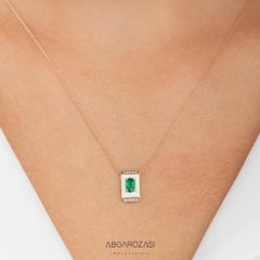 14K Gold Necklace, Emerald Stone and Diamond Stone Necklace
