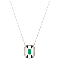 14K Gold Necklace, Emerald Stone and Diamond Stone Necklace