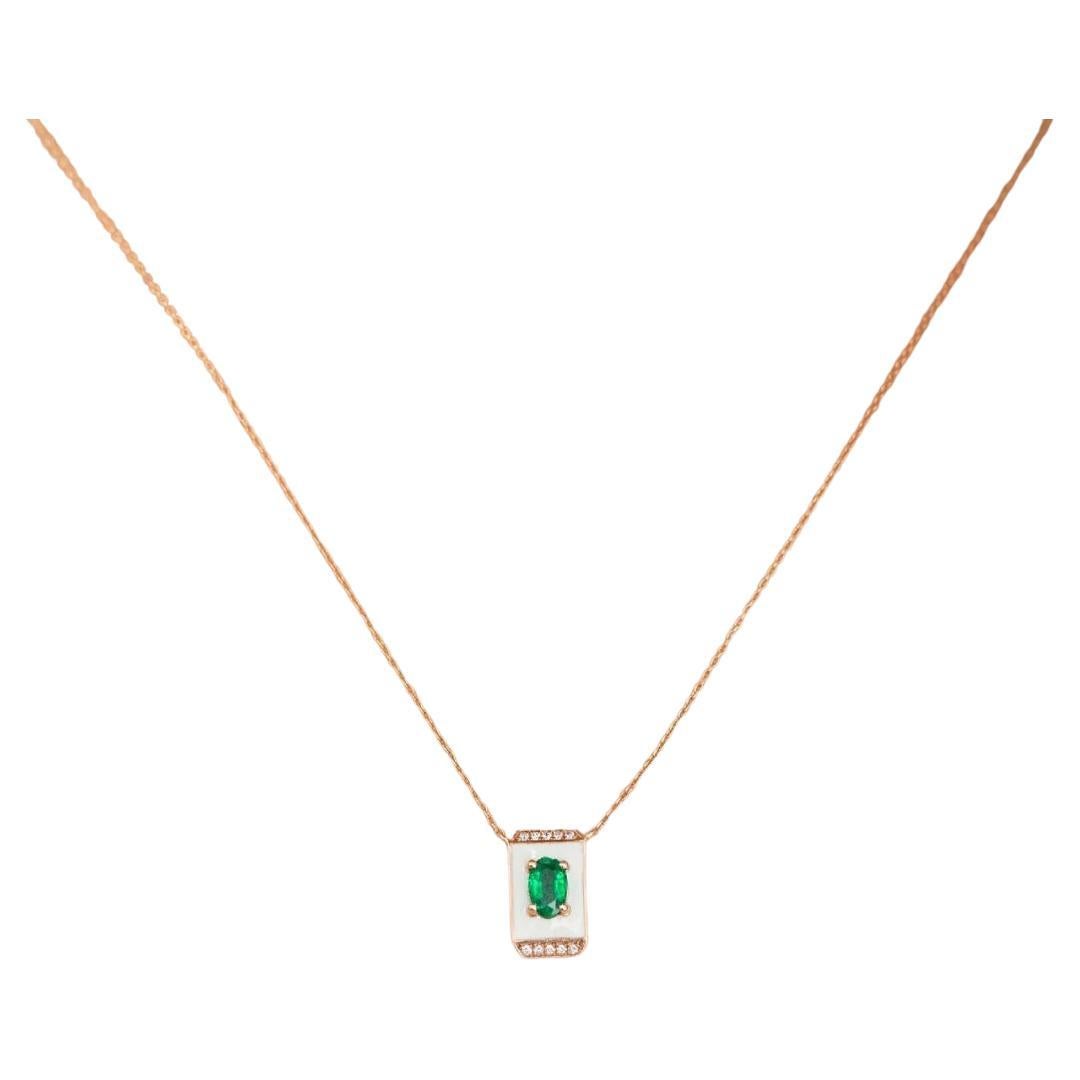 14K Gold Necklace, Emerald Stone and Diamond Stone Necklace For Sale
