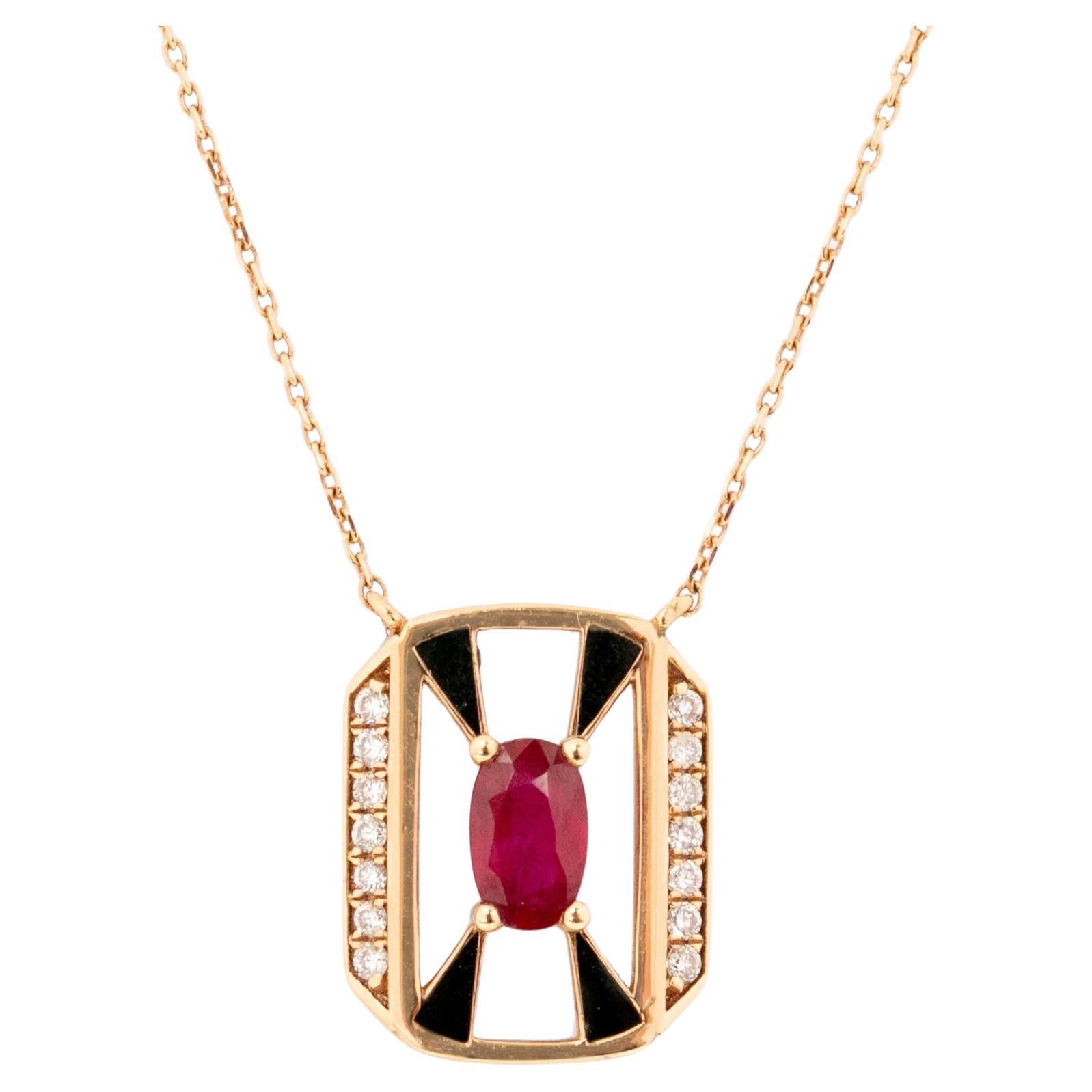 14K Gold Necklace, Ruby Stone and Diamond Stone Necklace