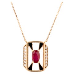 14K Gold Necklace, Ruby Stone and Diamond Stone Necklace