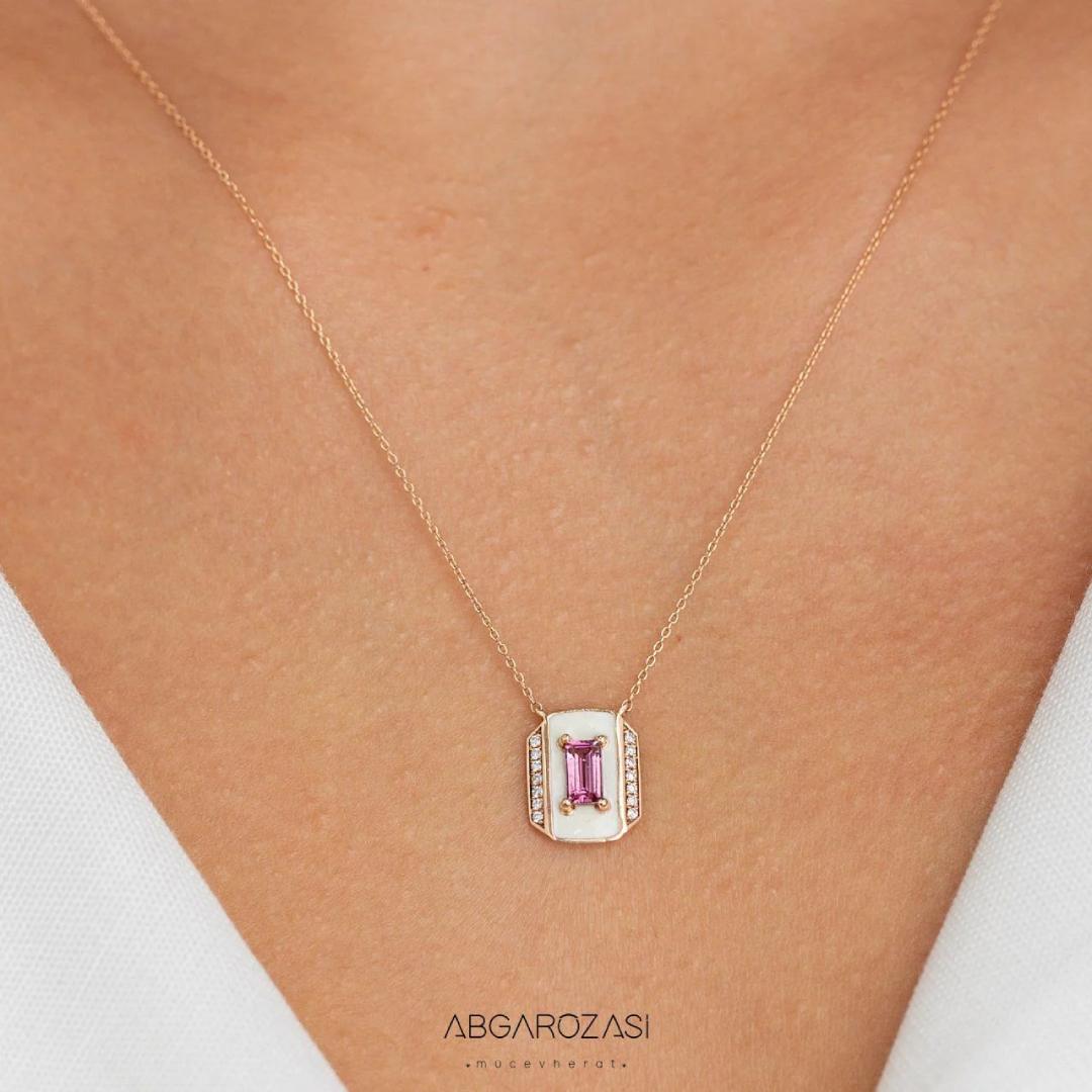 Emerald Cut 14K Gold Necklace, Spinel Stone and Diamond Stone Necklace For Sale