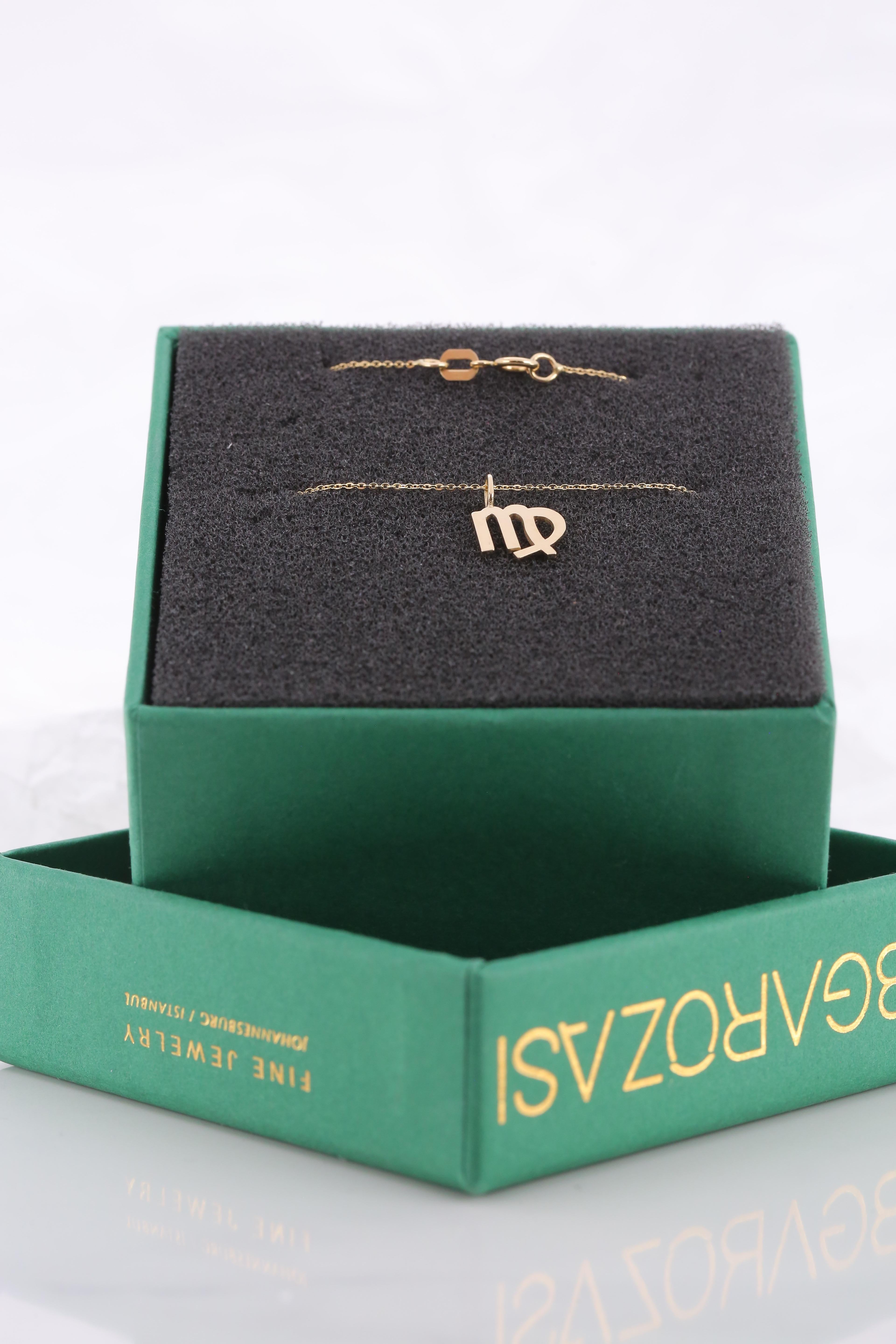 Contemporary 14k Gold Necklace Virgo Sign Symbol Horoscope Collection Necklace For Sale