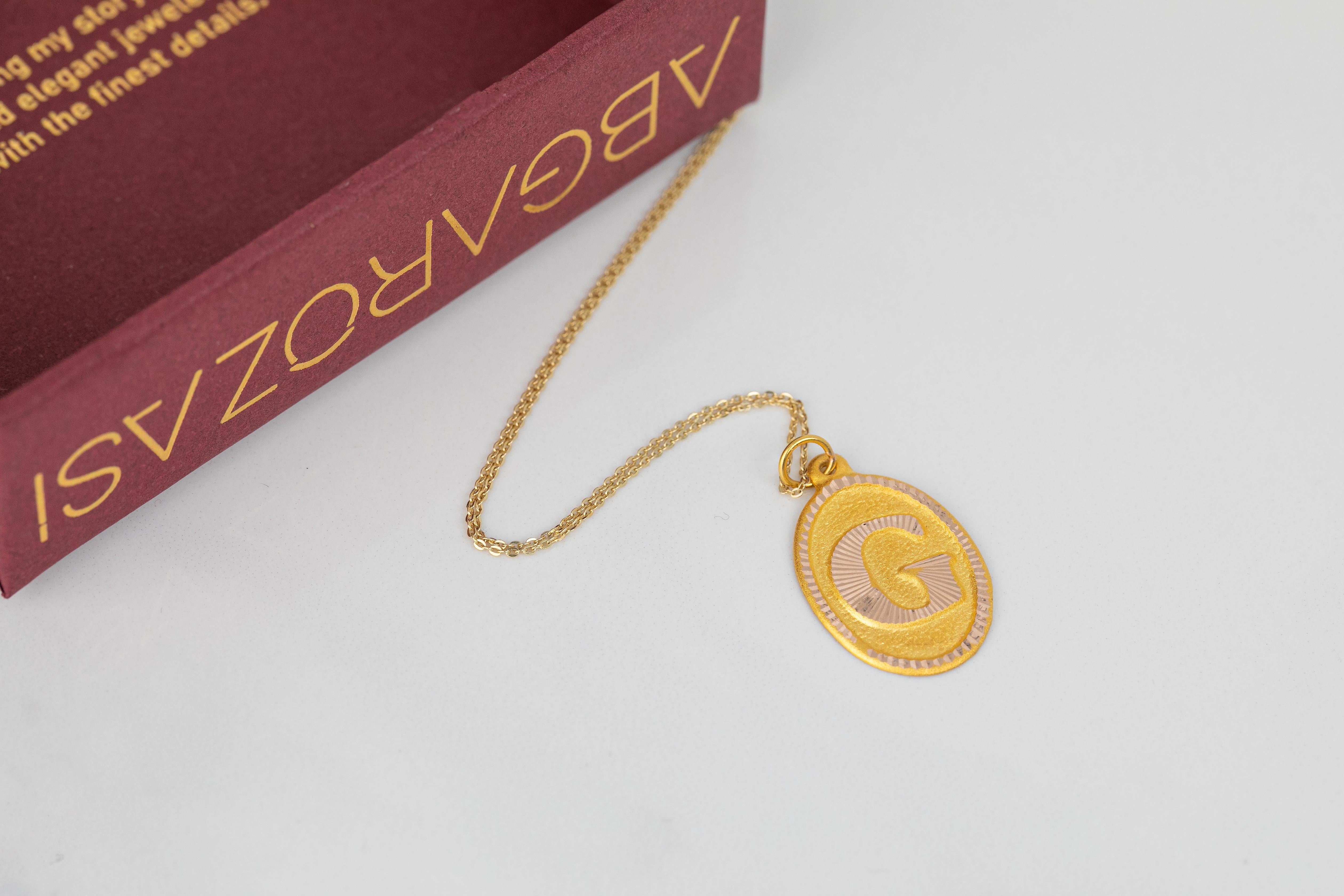 Women's or Men's 14k Gold Necklaces, Letter Necklace Models, Letter G Gold Necklace-Gift Necklace For Sale