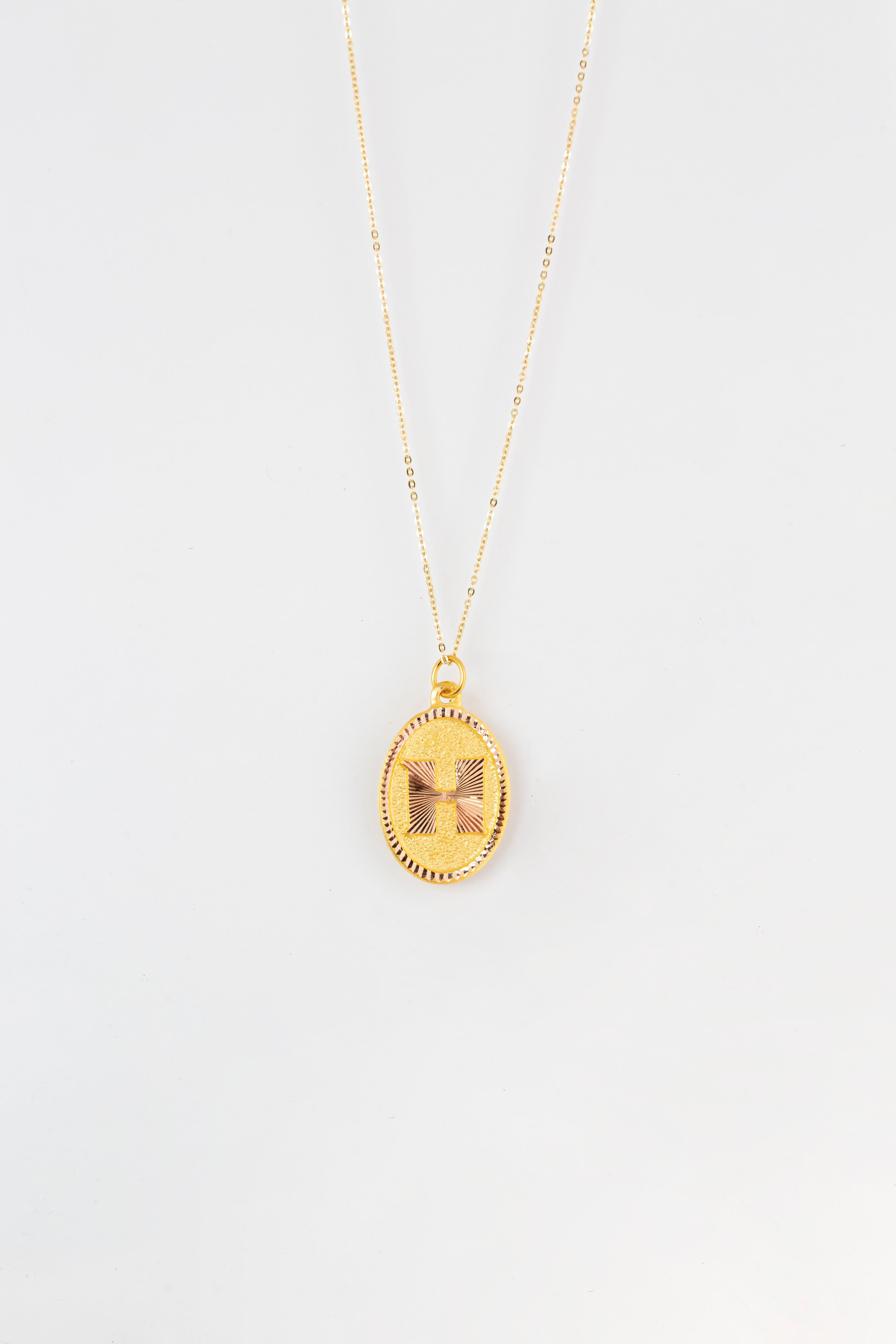Women's or Men's 14k Gold Necklaces, Letter Necklace Models, Letter H Gold Necklace-Gift Necklace For Sale